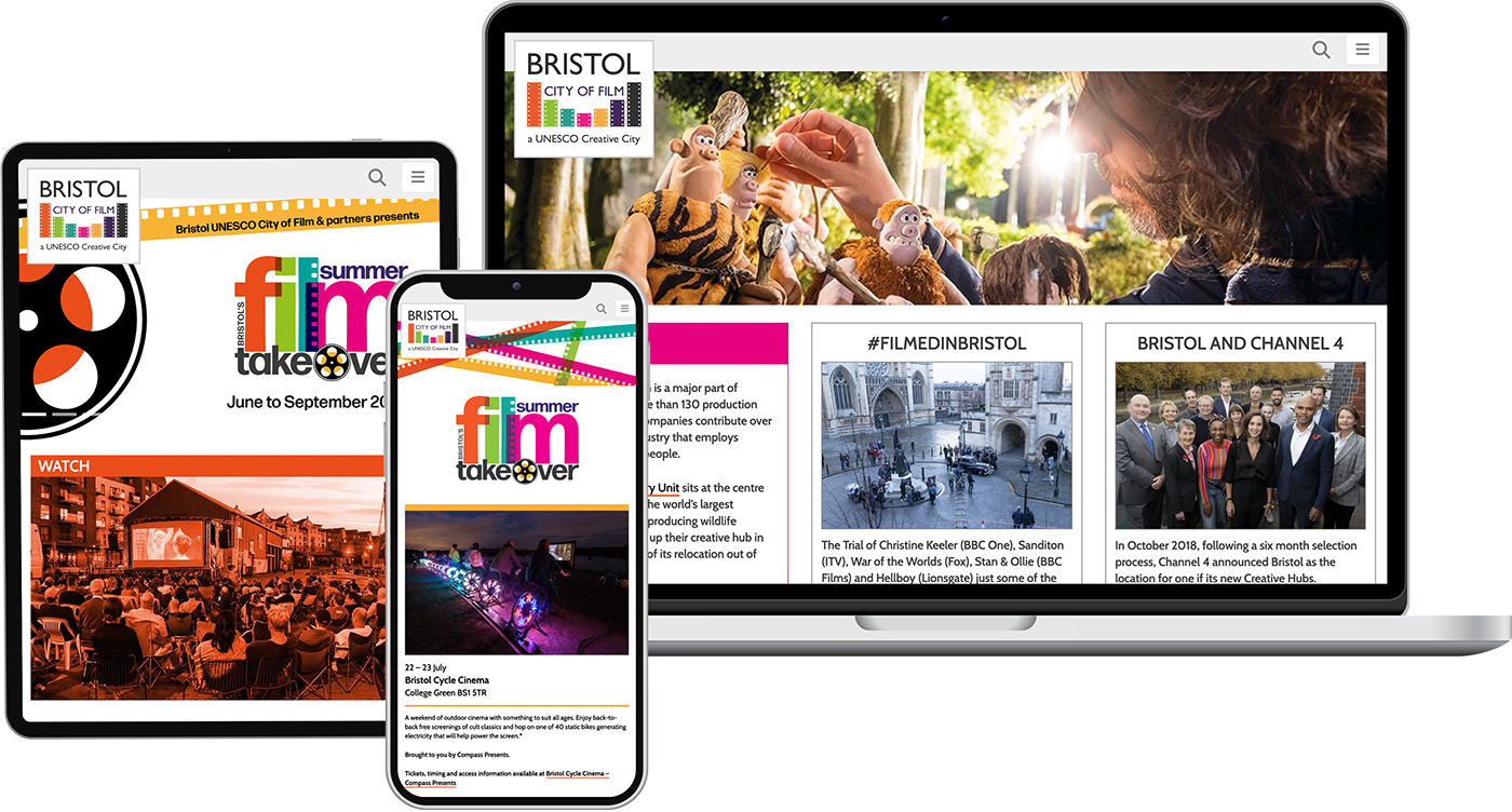 Bristol City of Film responsive website shown on devices of various sizes: mobile, tablet and laptop.